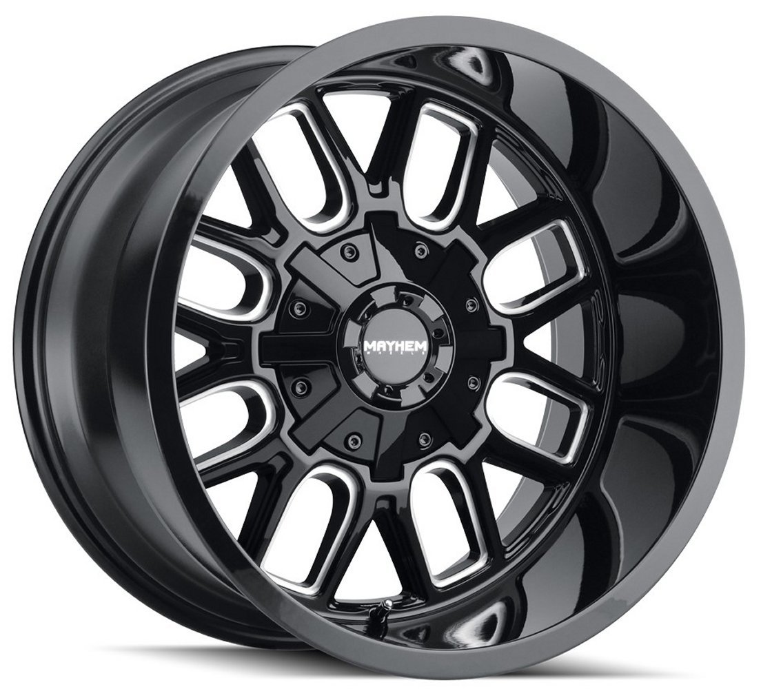 20x9 mayhem cogent 8107b gloss black w/ milled spokes 8x6.5/165