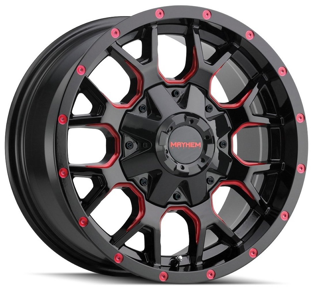 17x9 mayhem warrior 8015btr gloss black w/ prism red 6x135 6x5.5