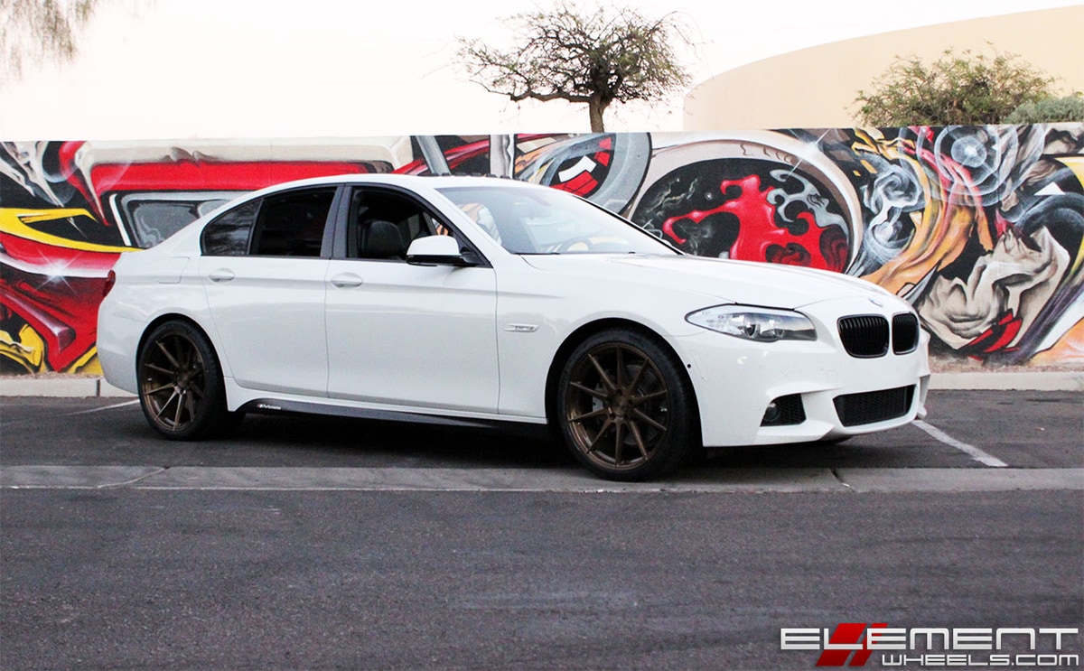 20 inch Staggered Vertini RF1.3 Light Brushed Bronze on a 13 BMW 550i Sedan w/ Specs