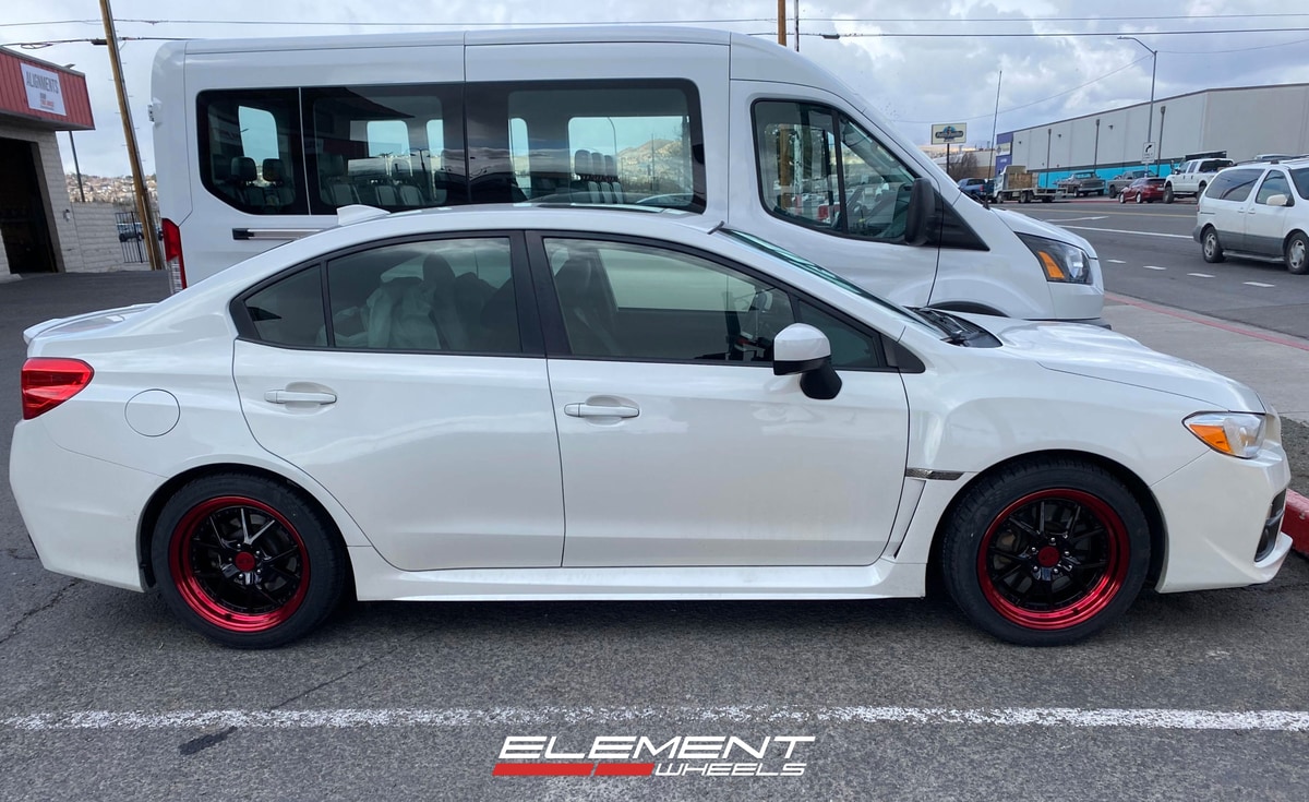 17 inch F1R F105 Gloss Black w/ Red Lip on a 2015 Subaru WRX
