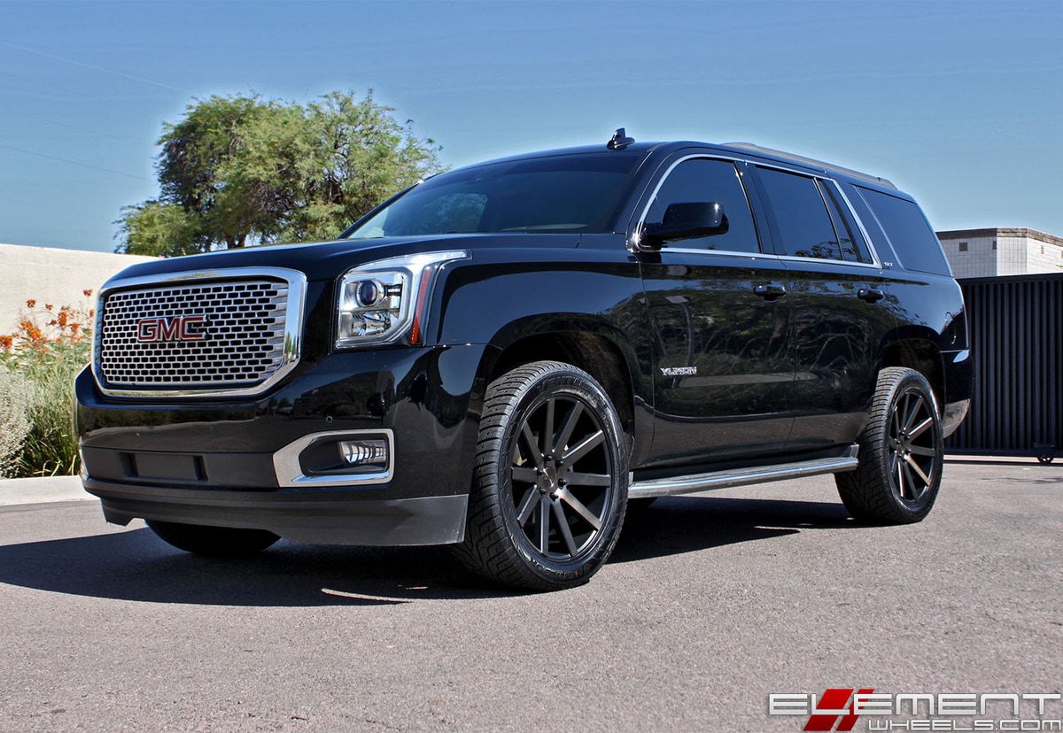 22x9.5 DUB Shot Calla Black/Machined w/ Tint on a 2016 GMC Yukon SLT w/ Specs