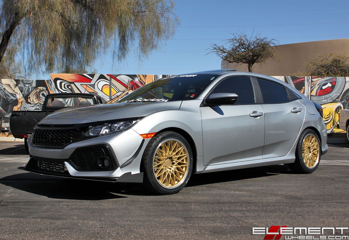 18x8.5 F1R F23 Gold w/ Polish Lip on a 2017 Honda Civic EX Hatchback w/ Specs
