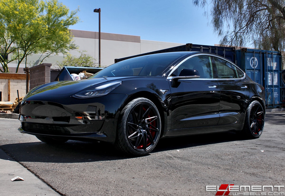 20 inch Staggered Ace Alloy Driven Custom Brushed Candy Apple Red w/ Satin Black Face on a 2018 Tesla Model 3 w/ specs