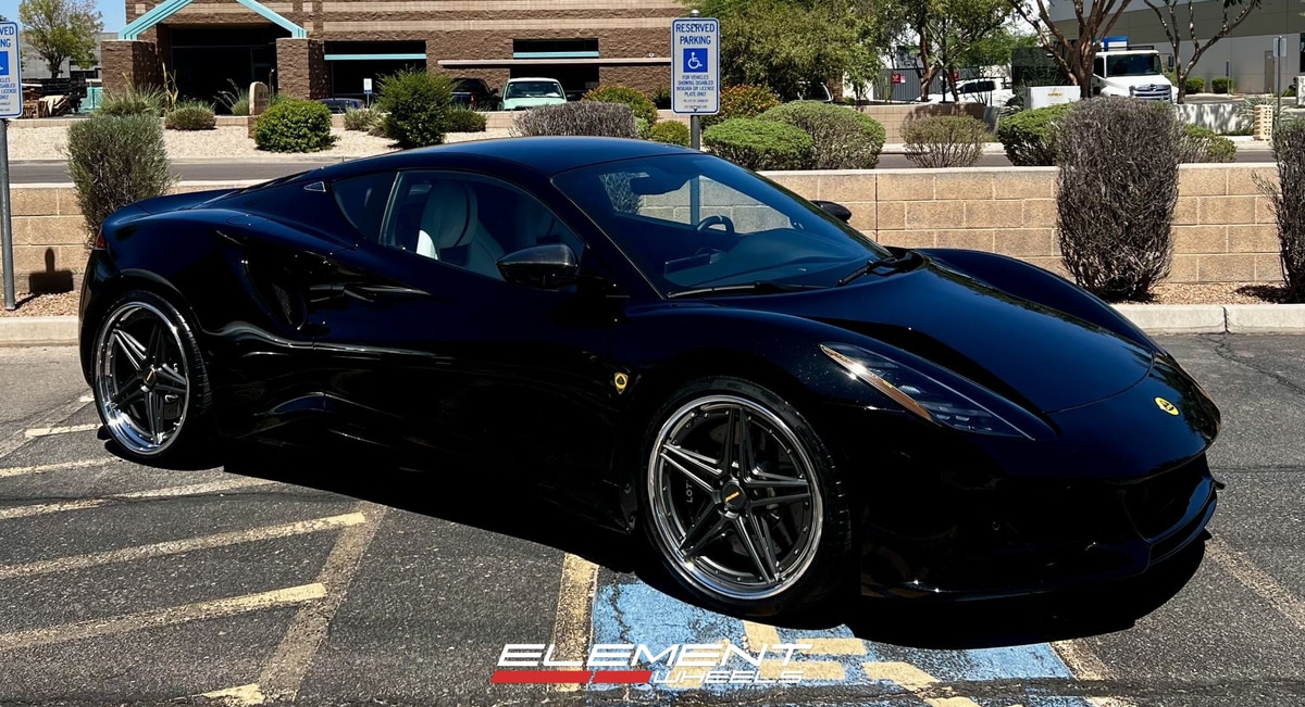 Staggered 20/21 inch Variant BTZ-3P in Satin Gunmetal w/ Chrome Lip on a 2024 Lotus Emira