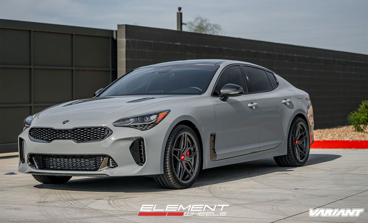 19 inch Variant Xenon Satin Gunmetal w/Red Cap on 2019 Kia Stinger