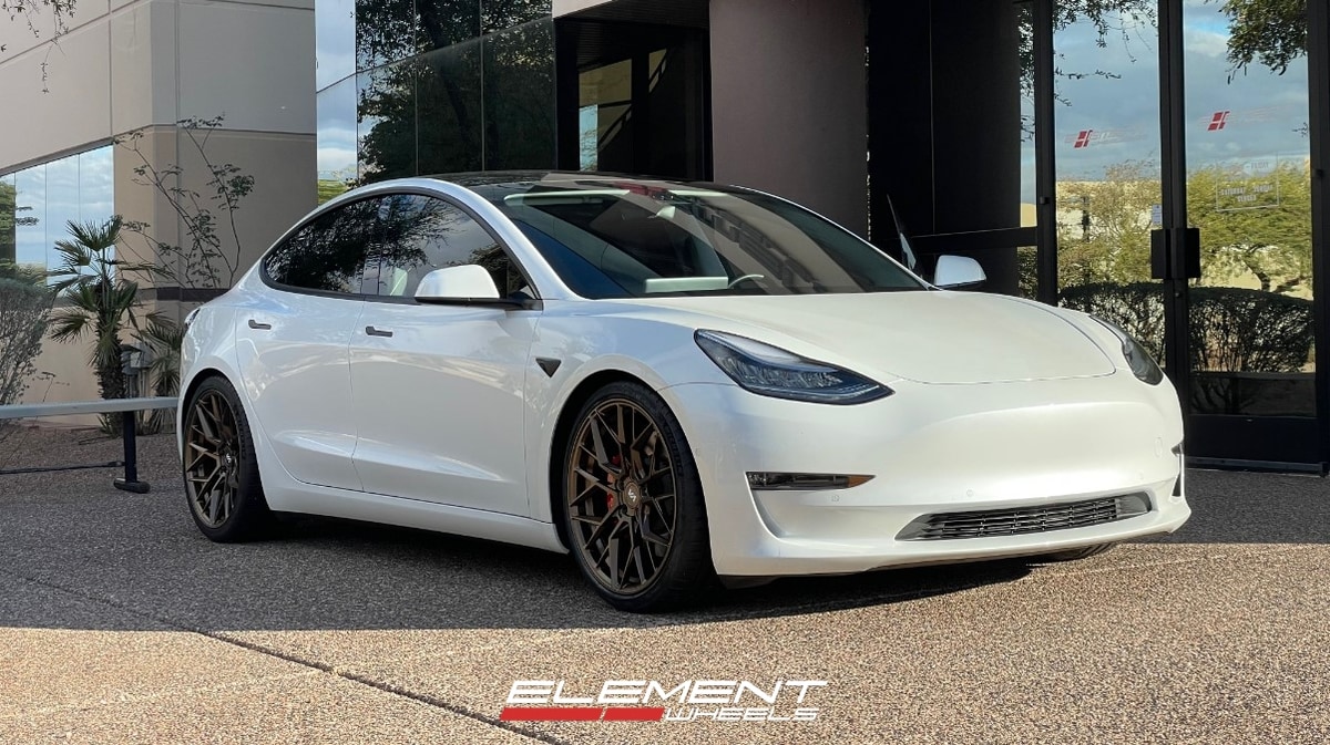 20 inch Staggered Variant Radon in Satin Bronze on a 2020 Tesla Model 3 Performance