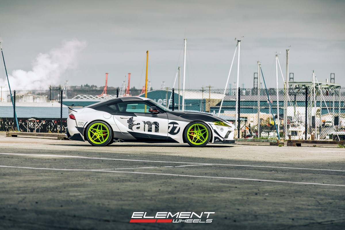 19 inch Staggered Variant Xenon Custom Shocker Yellow on a 2020 Toyota Supra