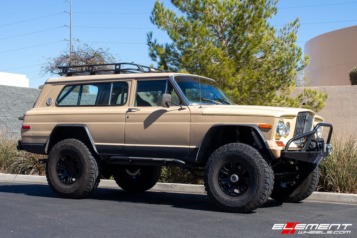 17 inch Helo HE904 Satin Black on a Custom 1977 Jeep Wagoneer