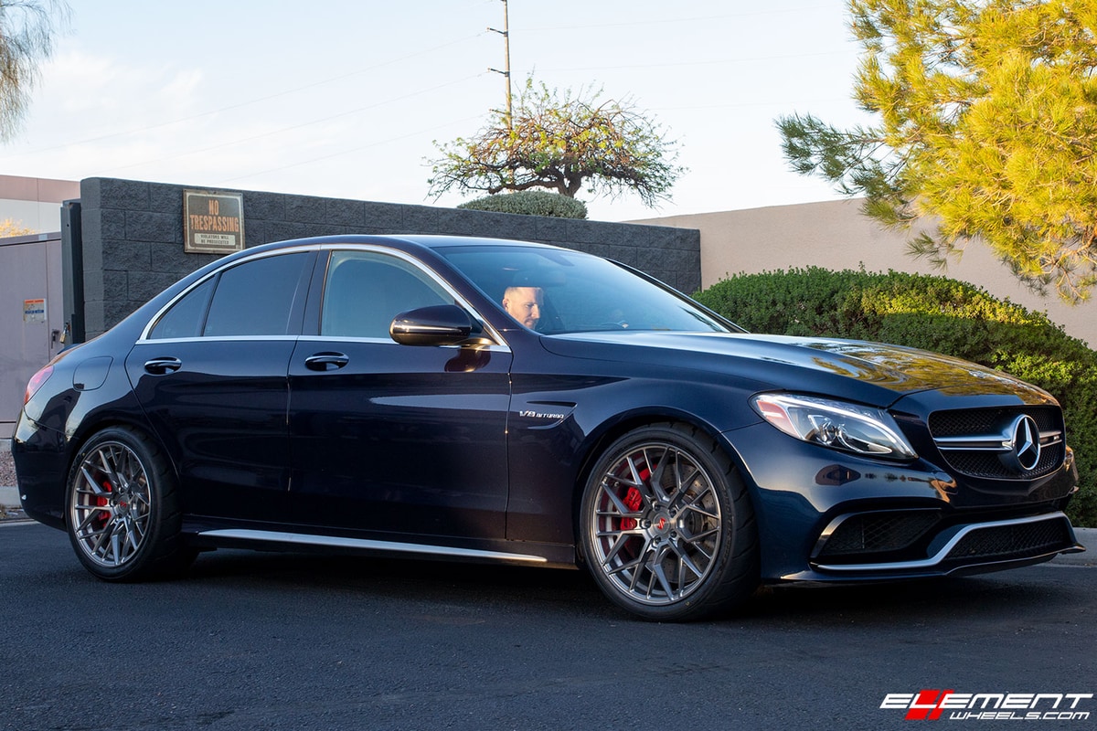 19 inch Staggered Variant Radon Titanium Brushed Face on a 2018 Mercedes Benz C63 AMG
