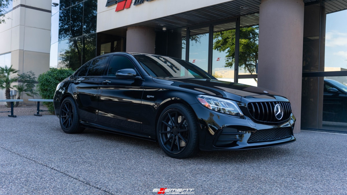 Staggered 19 Inch Ferrada FR4 in Matte Black w/ Gloss Black Lip on a 2019 Merceded Benz C43 AMG