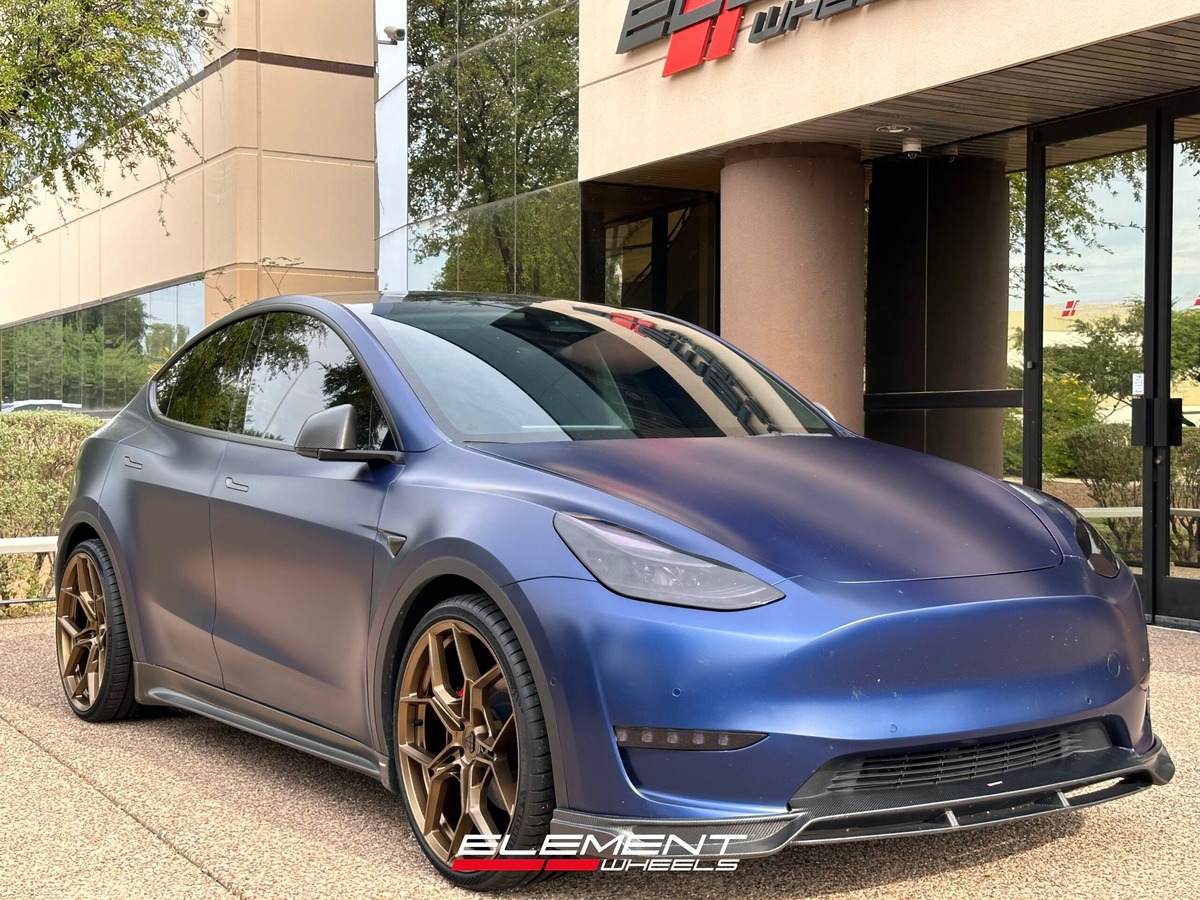 Staggered 22 inch Blaque Diamond BD-F25 Matte Bronze on a 2022 Tesla Model Y (Performance AWD)