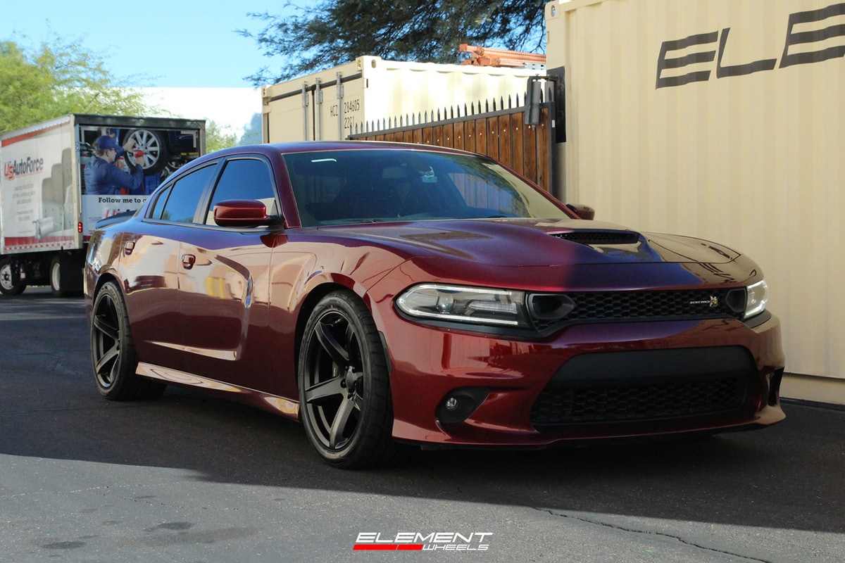 20 inch Staggered Dodge Hellcat HC2 Replica Wheel Satin Black on a 2019 Dodge Charger RWD