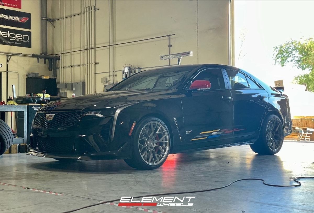 Staggered 19 inch Variant Radon in Titanium Brushed Face on a 2023 Cadillac CT4-V Blackwing