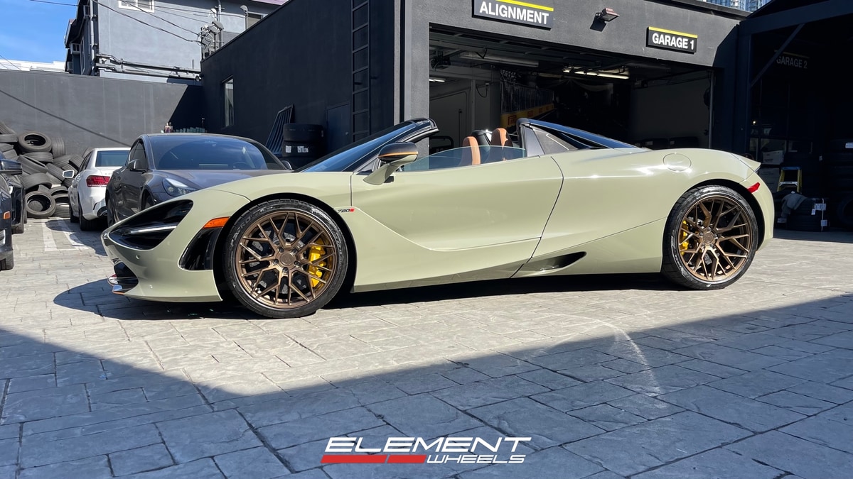 19/20 inch Staggered Variant Radon Satin Bronze on a 2022 McLaren 720S w/ Carbon Ceramic Brakes