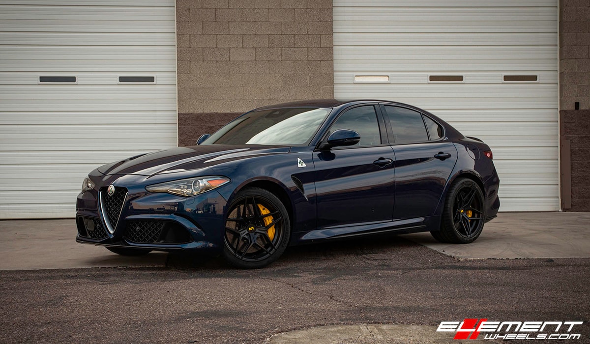 Staggered 19 Inch Variant Xenon in Satin Black on a 2019 Alfa Romeo Giulia Quadrifoglio