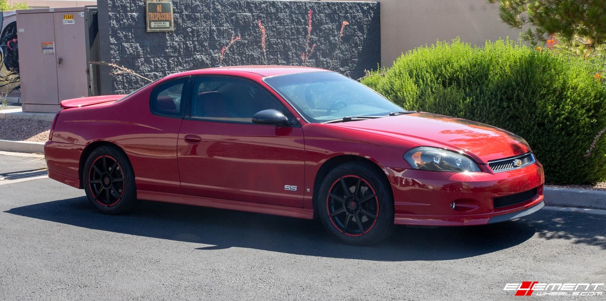 18 Inch Motegi MR142 Satin Black W/ Red Stripe on a 2007 Chevrolet Monte Carlo SS
