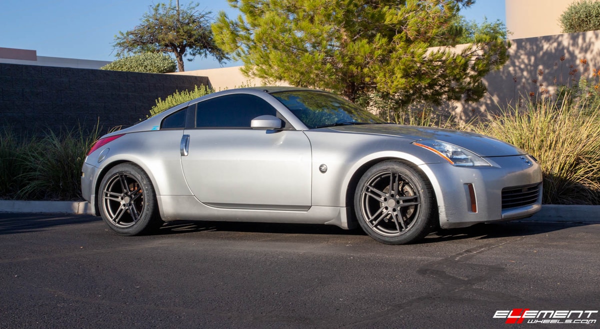 Staggered 18 Inch TSW Mechanica in Matte Gunmetal w/ Matte Black Face on a 2003 Nissan 350Z