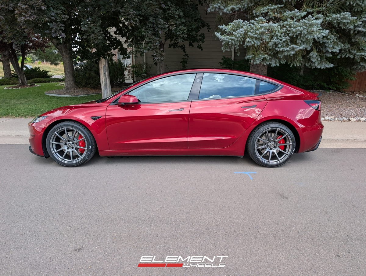 Staggered 19 inch Forgestar CF10 Gloss Anthracite on a 2024 Tesla Model 3