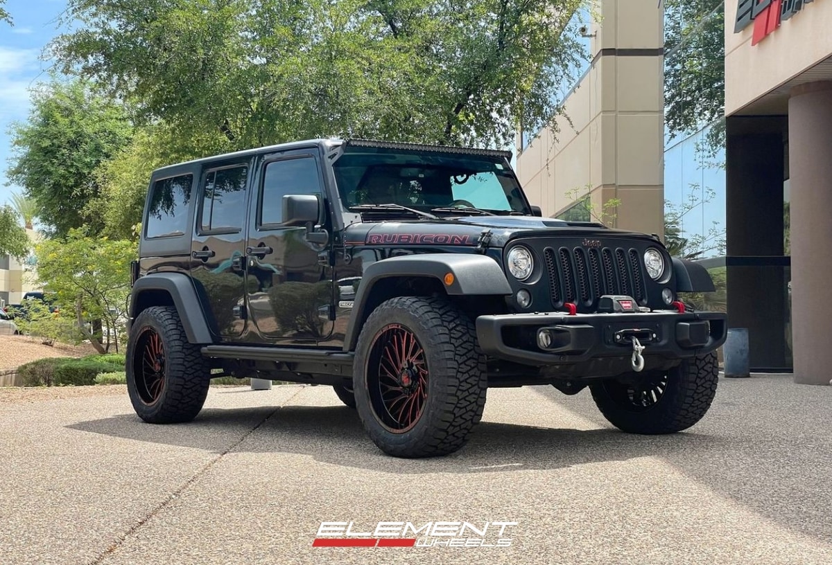 20 inch Force Off-Road F50 in Gloss Black w/ Red Milled on a 2018 Jeep Wrangler JK