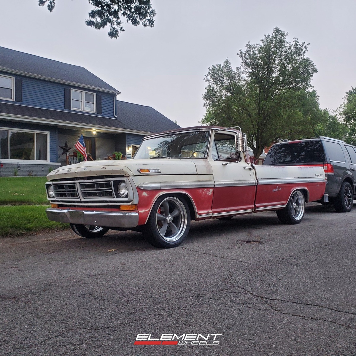 20 inch staggered American Racing Vintage VN215 CLASSIC TORQ THRUST II in Grey on a 1971 Ford F100