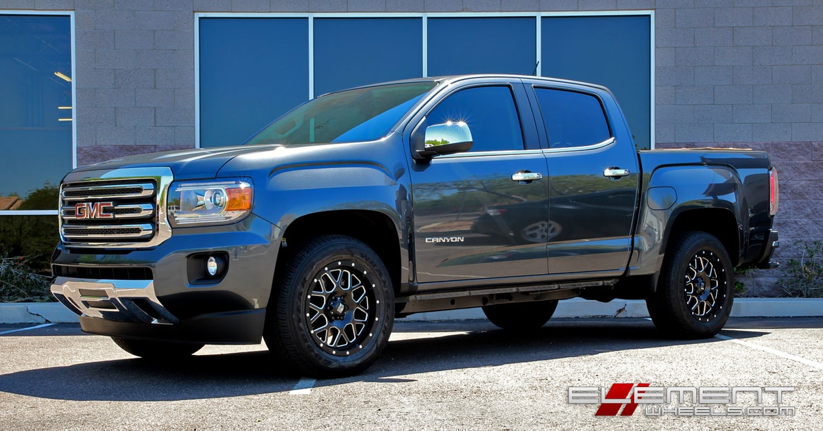 18x9 XD Series XD820 Grenade Satin Black w/Milled Accents wheels on 2016 GMC Canyon (Factory Height) w/ Specs