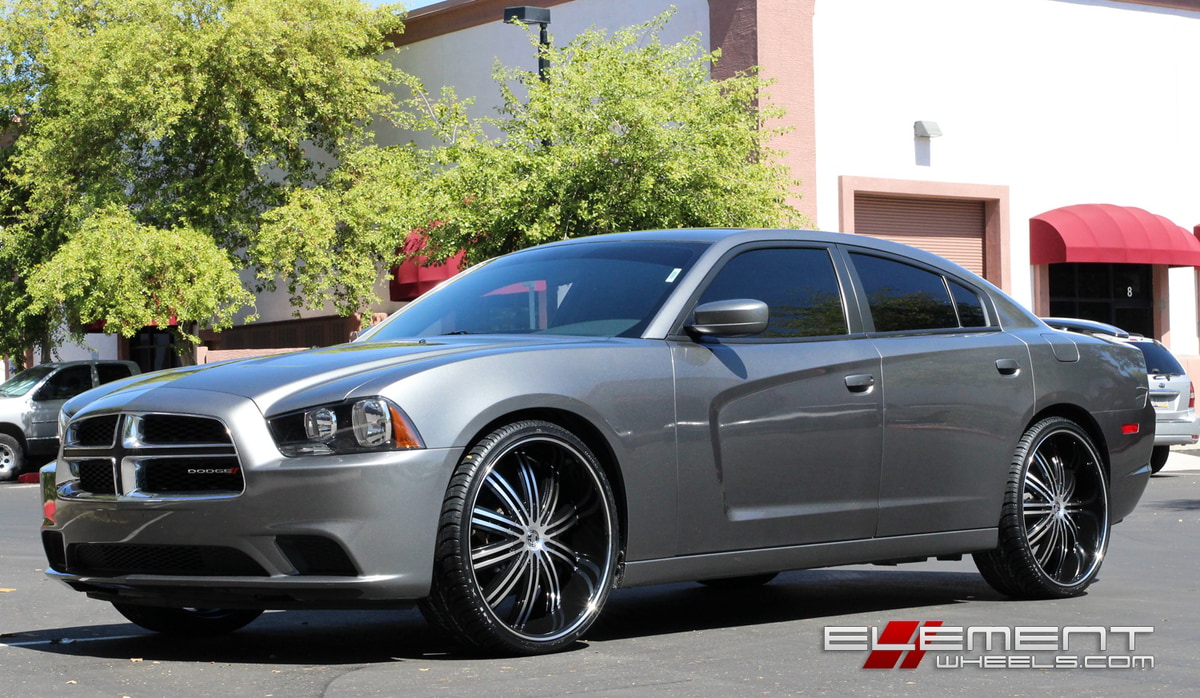 24 Inch 2Crave No-07 Gloss Black w/Machined Face and stripe Wheels on 2013 Dodge Charger w/ Specs