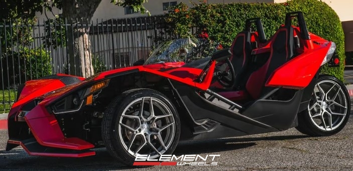 19 and 20 inch Staggered Rohana RFX11 Brushed Titanium on a 2019 Polaris Slingshot