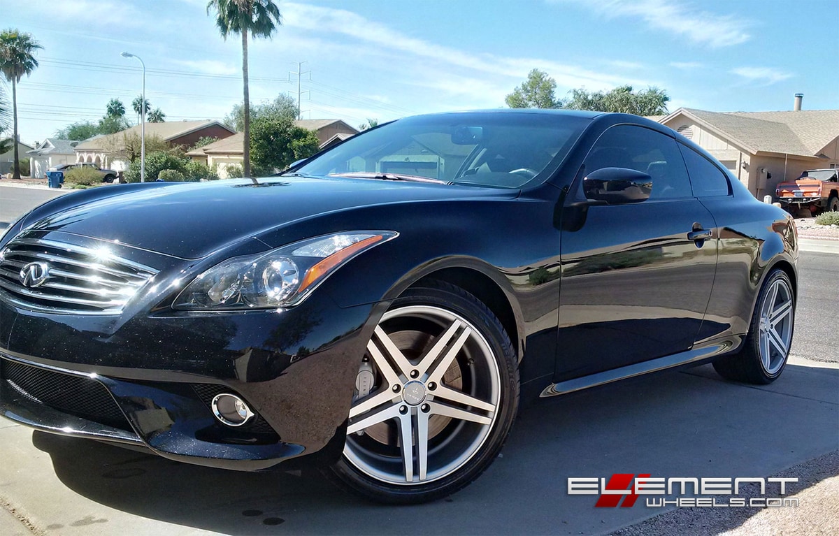 19 inch Staggered Verde Parallax Matte Silver wheels on Infiniti G37S Coupe w/ Specs