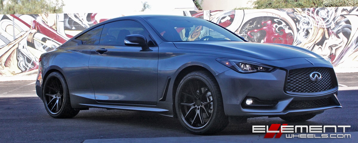 20 in staggered Ferrada FR2 Matte Black W/ Gloss Black Lip on a 2017 Infiniti Q60 w/ Specs