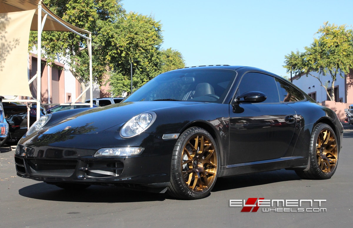 19 in. Staggered Custom Brushed Bronze Ruger Mesh on 2006 Porsche 911 Carrera Narrow Body w/ Specs
