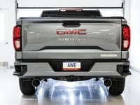 awe tuning 19-22 4th gen gm 1500 5.3l 0fg catback split rear exit (flat bumper) - quad chrome tips 3015-32205