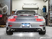 awe tuning porsche 991.1 turbo performance exhaust and high-flow cats - silver quad tips 3015-42040