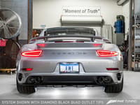awe tuning porsche 991.1 turbo performance exhaust and high-flow cats - black quad tips 3015-43044