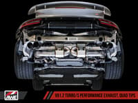 awe tuning porsche 991.2 turbo performance exhaust and high-flow cat sections - silver quad tips 3015-42084