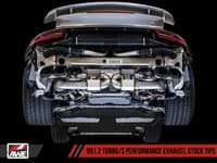 awe tuning porsche 991.2 turbo performance exhaust and high-flow cat sections - silver quad tips 3015-42084