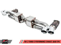 awe tuning porsche 991.2 turbo performance exhaust and high-flow cat sections - silver quad tips 3015-42084