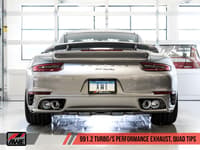 awe tuning porsche 991 turbo performance exhaust and high-flow cat sections - black quad tips 3015-43088