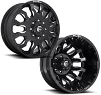 (full set - 6 wheels) 20 inch fuel off-road blitz gloss black milled dually d673 8x210 (fits up to 13.5" tires),20x8.25 fuel off-road blitz gloss black milled dually front d673 8x210 105mm 154.3 c.b.,20x8.25 fuel off-road d500 gloss black dually rear inner 8x210 97mm 154.3 c.b.,32 pc tall black spline lug nut kit + key (for 8 lug trucks)