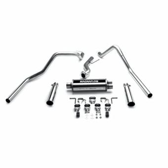 magnaflow 99-02 chevrolet silverado/gmc sierra 4.3l, 4.8l, 5.3l extended cab street series stainless cat-back dual performance exhaust system 15754 - image