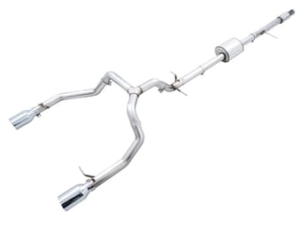 awe tuning 19-22 4th gen gm 1500 5.3l 0fg catback split rear exit (flat bumper) - quad chrome tips 3015-32205 - image
