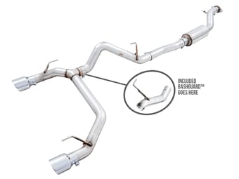 awe tuning 21-22 ford bronco 0fg dual rear exit exhaust w/chrome silver tips & bash guard 3015-32456 - image