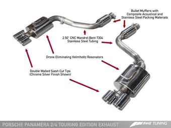 awe tuning 14-16 porsche panamera 2/4 touring edition exhaust - w/chrome silver tips 3015-42042 - image