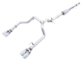 awe tuning 19-22 4th gen gm 1500 5.3l 0fg catback split rear exit (w/ bumper cutouts) - quad chrome tips 3015-42201 - image
