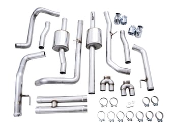awe tuning 19-22 4th gen gm 1500 6.2l 0fg catback split rear exit (w/ bumper cutouts) - quad chrome tips 3015-42203 - image