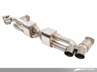 awe tuning porsche 991.1 turbo performance exhaust and high-flow cats - silver quad tips 3015-42040 - image