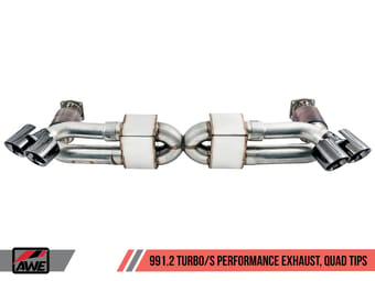 awe tuning porsche 991 turbo performance exhaust and high-flow cat sections - black quad tips 3015-43088 - image