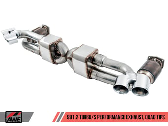 awe tuning porsche 991.2 turbo performance exhaust and high-flow cat sections - silver quad tips 3015-42084 - image