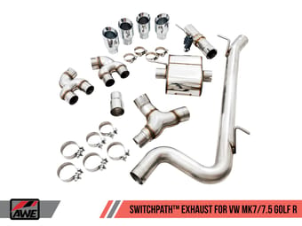 awe tuning 18-19 volkswagen golf r mk7.5 switchpath exhaust w/chrome silver tips 102mm 3025-42066 - image