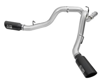 afe atlas exhaust 4in dual dpf-back al steel w/ black tips 16-17 gm diesel truck v8-6.6l (td) lml 49-04080-b - image