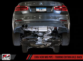awe tuning 12-20 bmw f3x 28i / 30i touring edition axle-back exhaust single side - 80mm silver tips 3010-22022 - image
